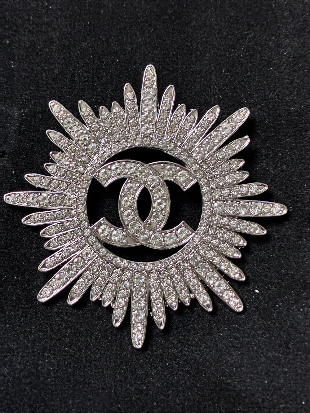 Double C Logo Silver- Tone Crystal Starburst Brooch